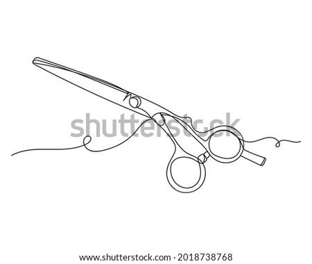Continuous one line of scissors or shears professional barber hair cutting in silhouette on a white background. Linear stylized.Minimalist.