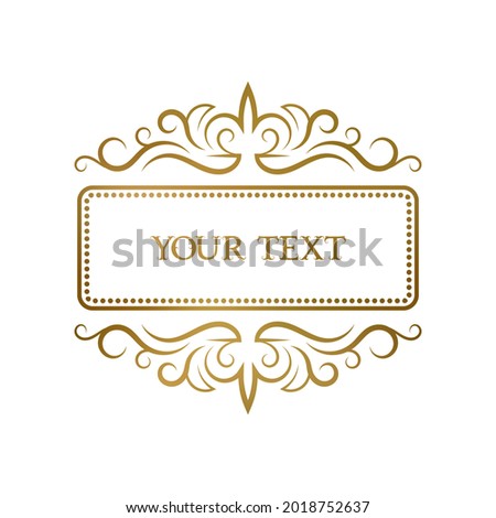 Golden vintage frame with curly ornaments for any short text. Elegant label template, greeting card or book cover design.