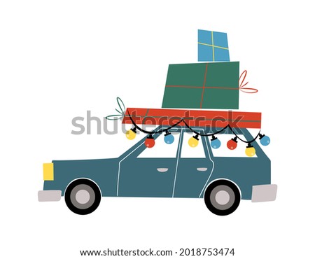 Cute family car decorated with colorful light bulbs taking home boxed gifts for Christmas on the roof flat vector illustration