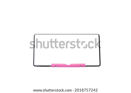 Blank tablet on pink stand isolated on white background