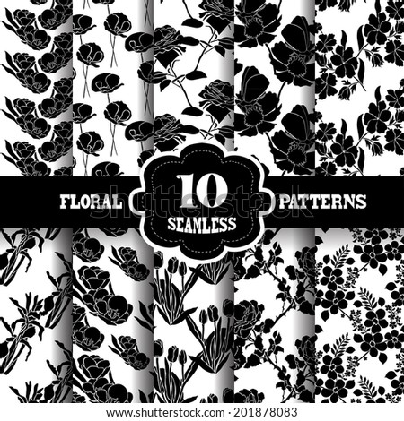 Set of 10 elegant seamless patterns with hand drawn decorative flowers, design elements. Floral patterns for wedding invitations, greeting cards, scrapbooking, print, gift wrap, manufacturing.