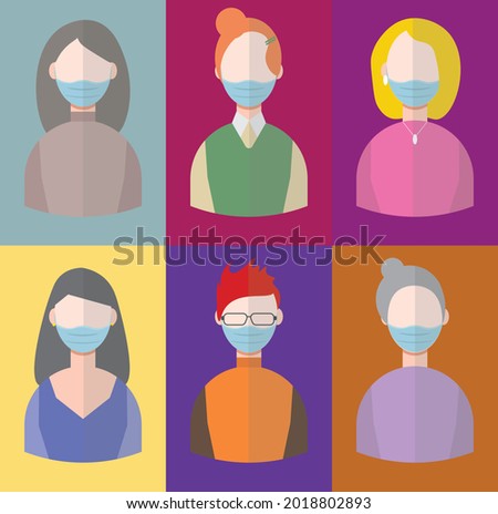 Minimalistic images of people in blue medical masks, female face icon, flat avatars with illustrations, set of 6 images