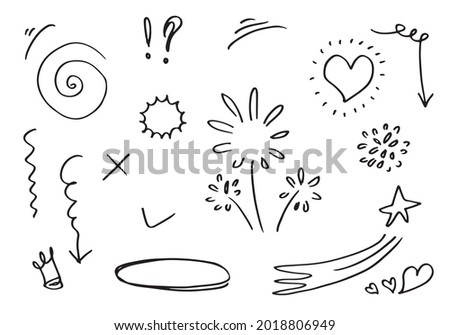 Hand drawn set elements, black on white background. Arrow, heart, love, star, leaf, sun, light, crown,Swishes, swoops, emphasis ,swirl, heart, for concept design.