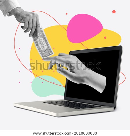 Online payments. Male hands passing money sticking out of laptop screen over colored background. Contemporary art collage. Concept of online trades, sales, teleworking. Copyspace for ad, offer