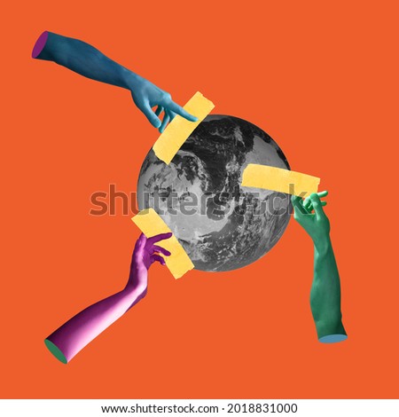 Trying to heal the planet. Colored human hands sticking plasters on bw image of the Earth over red background. Concept of saving the environment, planet and nature. Creative collage. Royalty-Free Stock Photo #2018831000