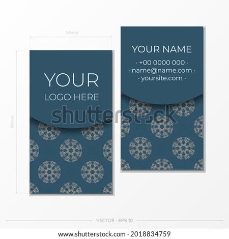 Business card template in Blue color with luxurious light patterns. Print-ready business card design with vintage ornament.