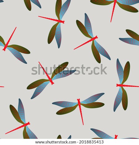 Dragonfly cool seamless pattern. Repeating clothes textile print with damselfly insects. Graphic water dragonfly vector ornament. Nature beings seamless. Damselfly silhouettes.