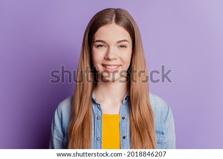 Portrait of positive lady toothy beaming smile wear jeans clothes on purple background