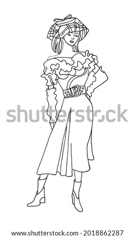Fashion model contour drawing. Woman in dress isolated on white background. decoration fpr sketchbooks, covers, paper.