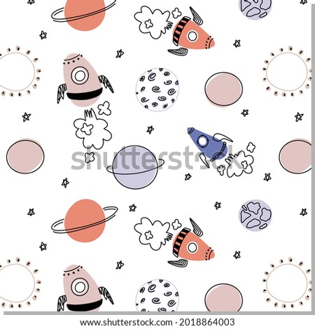 Seamless childish cosmos pattern with stars, planets and shuttle on white background with decoration.