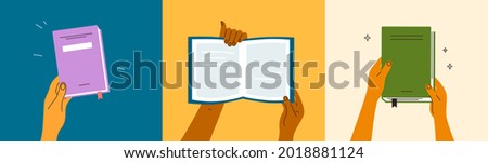 Vector illustrations set of human hands holding open or closed books. Back to school, education, literacy day. Book club member. Poetry lover. Time to reading. Bookstore, library. Morning pages, diary Royalty-Free Stock Photo #2018881124
