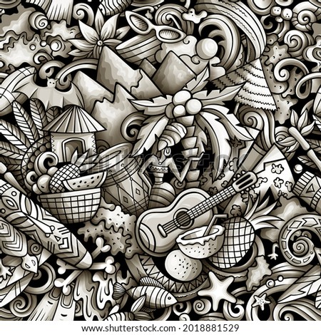 Cartoon doodles Figi seamless pattern. Monochrome detailed, with lots of objects background for print on fabric, textile, greeting cards, scarves, wrapping paper. All objects separate.