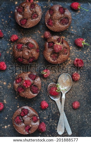 Chocolate raspberry brownies, selective focus