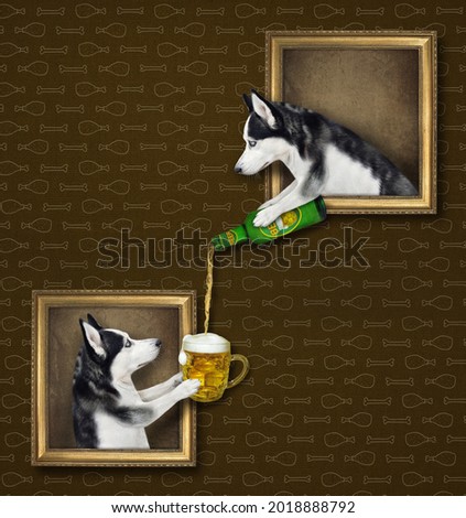 A dog husky is leaning out of the picture and pouring beer ito a mug of his friend at an art gallery.