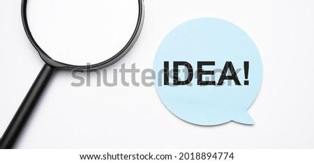 idea speech bubble and black magnifier isolated on the yellow background.
