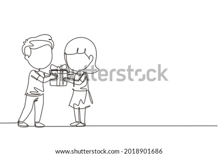 Single continuous line drawing boy kid giving girl birthday ribbon bow gift box. Children excited receiving gift from friend. Child hand over holiday present. One line draw graphic design vector Royalty-Free Stock Photo #2018901686