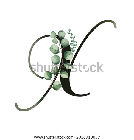 Letter X vector illustration with eucalyptus leaves. Floral alphabet. Monogram initials are perfect for wedding invitations, greeting card, logo, poster. Festive design.