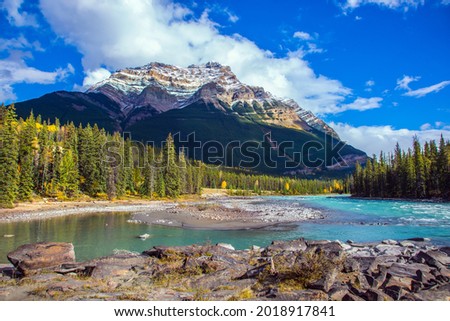 Jasper Park. Canada. Mountains, rivers and waterfalls make up magnificent landscapes. The Athabasca River begins at the Columbia Glacier. Travel, ecological and photo tourism concept
