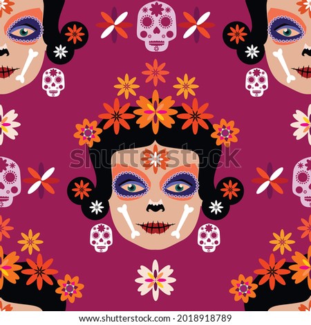 Day of the Dead,  Dia de los Muertos,  Catrina  la Calaver, Sugar tatoo skulls,  maracas, guitar, sombrero and  marigold flowers,  seamless pattern Vector illustration.