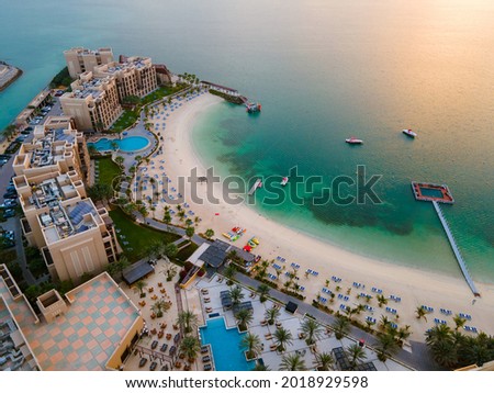 Marjan Island seafront reclaimed land artificial island in emirate of Ras al Khaimah in the United Arab Emirates aerial view at sunrise Royalty-Free Stock Photo #2018929598