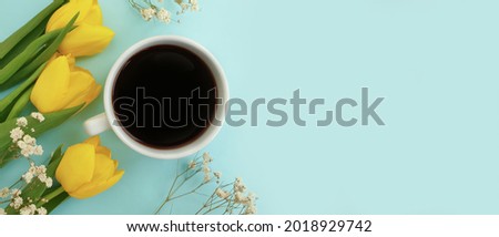 cup of coffee flower tulip on colored background