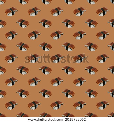 Seamless Pattern of Eel Sushi or Unagi Sushi, isolated on brown background. For any artwork design in Japanese Food Concept or for Sushi Menu Design