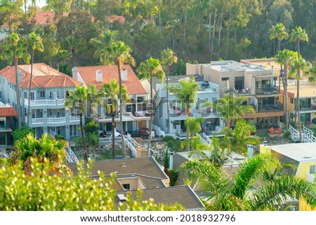 A beautiful aerial shot of a tropical town with luxurious modern houses surrounded by vibrant palm trees
