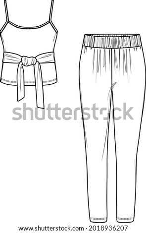 Vector woman top and pants technical drawing, woman 2 pcs. set with bow detail fashion CAD, elasticized waistband pants template, sketch, flat. Woven fabric trousers with front, back view, white color Royalty-Free Stock Photo #2018936207