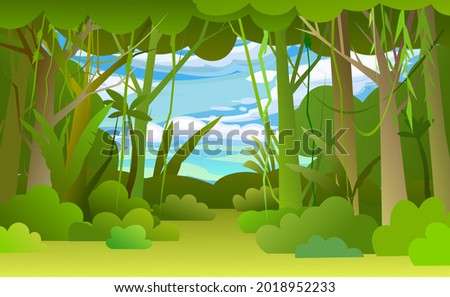 Jungle illustration. Dense wild-growing tropical plants with tall, branched trunks. Rainforest landscape. Flat design. Cartoon style. Vector