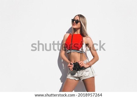 Beauty brunette woman posing in the street, make photo, using photo camera, outdoor hipster portrait, photographer, Thailand, sunglasses, photographer, travel blogger, watch, cafe, happy face, smile