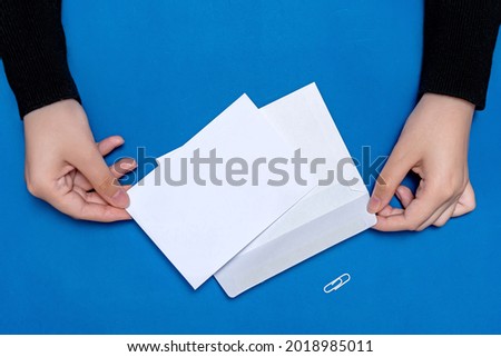 Woman Hand Holding Blank Notes Writing New Messege Updates Ideas. Lady Palm Showing Envelope Folding Sending Letters Post Address.