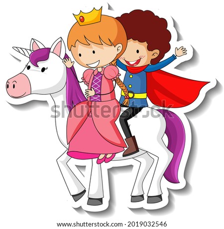 Cute stickers with a little princess and prince riding a unicorn cartoon character illustration