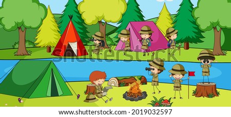 Outdoor scene with many kids camping in the park illustration