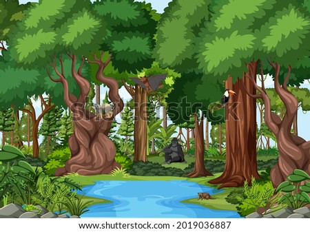 Nature scene with stream flowing through the forest with wild animals illustration
