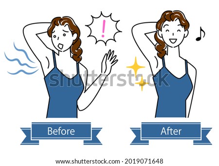 Skin Care Body odor Before and after of unpleasant underarm odor. Clip art of pretty woman. Simple illustration.