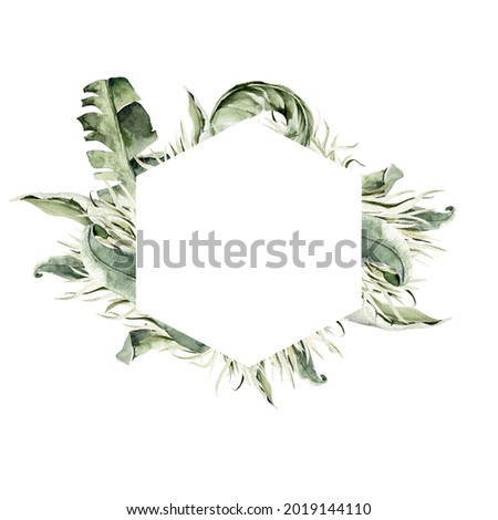 Watercolor floral wreath. Hand painted frame of tropical leaves, palm, green monstera, jungle  leaf. Exotic border.Isolated on white background. Botanical illustration for design, print