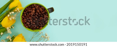 cup of coffee flower tulip on colored background