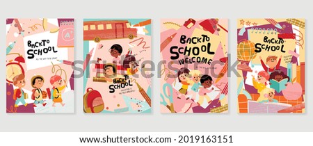 Back to school vector banners. Background design with children and education accessories element. Kids hand drawn flat design for poster , wallpaper, website and cover template.  Royalty-Free Stock Photo #2019163151