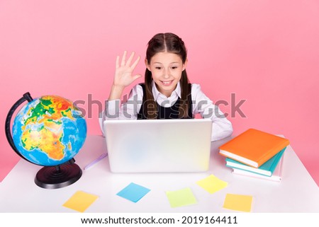 Photo portrait little girl with tails sitting at desk using laptop remote education isolated pastel pink color background