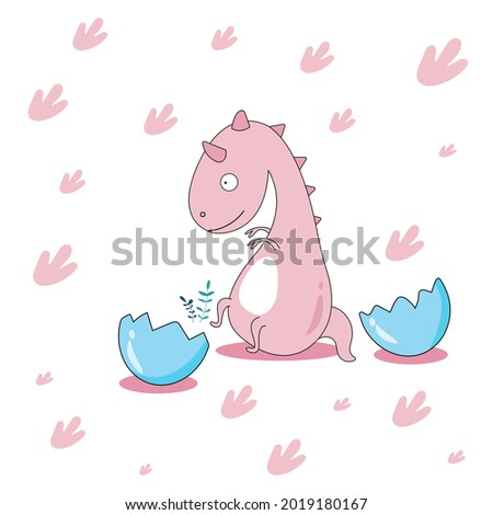Cute simple pink dino illustration with flowers and blue eggshell. Nursery art.
Print children's books.
simple style isolated on a white background illustration vector
