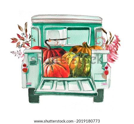 Watercolor composition of colorful pumpkins on the vintage truck. Autumn illustration isolated on white background. Fall Halloween and Thanksgiving day composition of an old car with pumpkins.