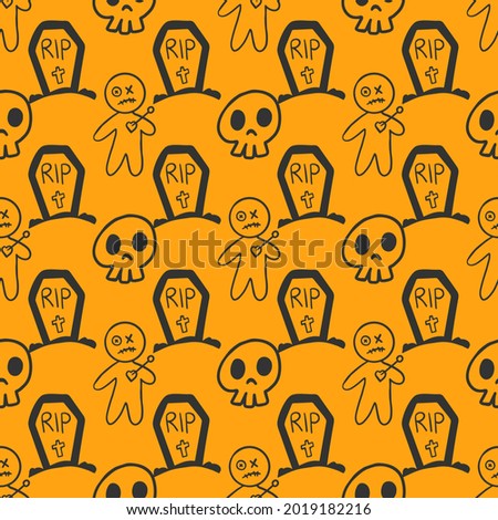 Seamless pattern with Halloween. voodoo doll, scull, Gravestone.  Can be used for digital paper scrapbook, textile printing, page filling. Happy Halloween pattern. Halloween holiday seamless pattern