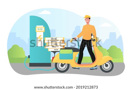 Eco transport battery charging to get ready to deliver pizza. Online e-commerce food order. Modern vehicle. Flat cartoon vector illustration concept web banner design isolated on white background