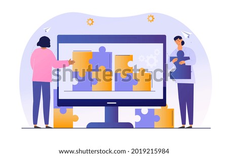 People connecting puzzle elements. Technical support solve problem on remote device. Digital era service. Flat abstract metaphor cartoon vector concept. Isolated on white background