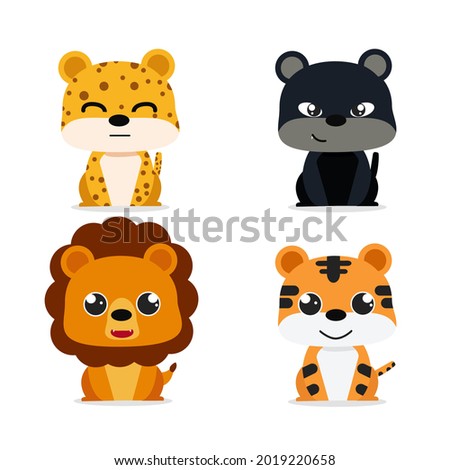 Set of Cute Big cat carnivore animal species, contain lion, tiger, panther, and cheetah Illustrations. Good for world animal day and animal content