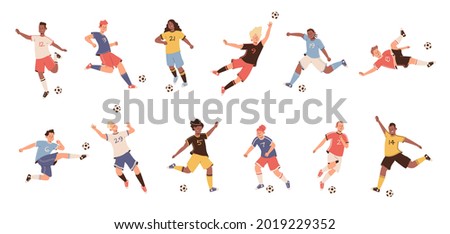 Soccer players. Dynamic football athletes poses jumping running and kicking, players differently kickball their foot, football teams uniforms vector flat cartoon isolated set Royalty-Free Stock Photo #2019229352