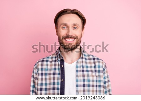 Photo of young man happy positive toothy smile oral care white stomatology ceramic isolated over pink color background