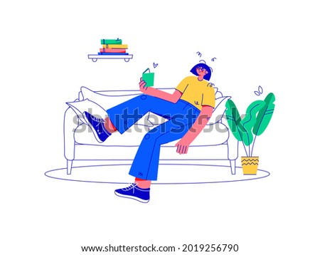 A young woman is sitting on the couch and reading a book. Stay at home, study remotely, activity at home. Trendy flat and linear vector illustration