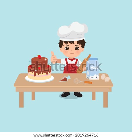 Cute chef boy baking a cake. Flat vector cartoon style