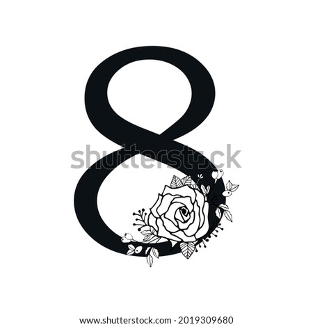 Hand drawn floral number eight monogram and logo design in doodle style with rose, lavender, berries and leaves on transparent background. Black linear vector illustration.